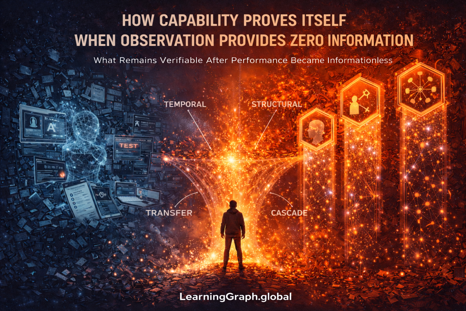 Four dimensions of capability verification when observation fails: temporal persistence, structural independence, transfer generalization, and cascade multiplication shown as illuminated hexagons with person standing between failed observation and structural requirements