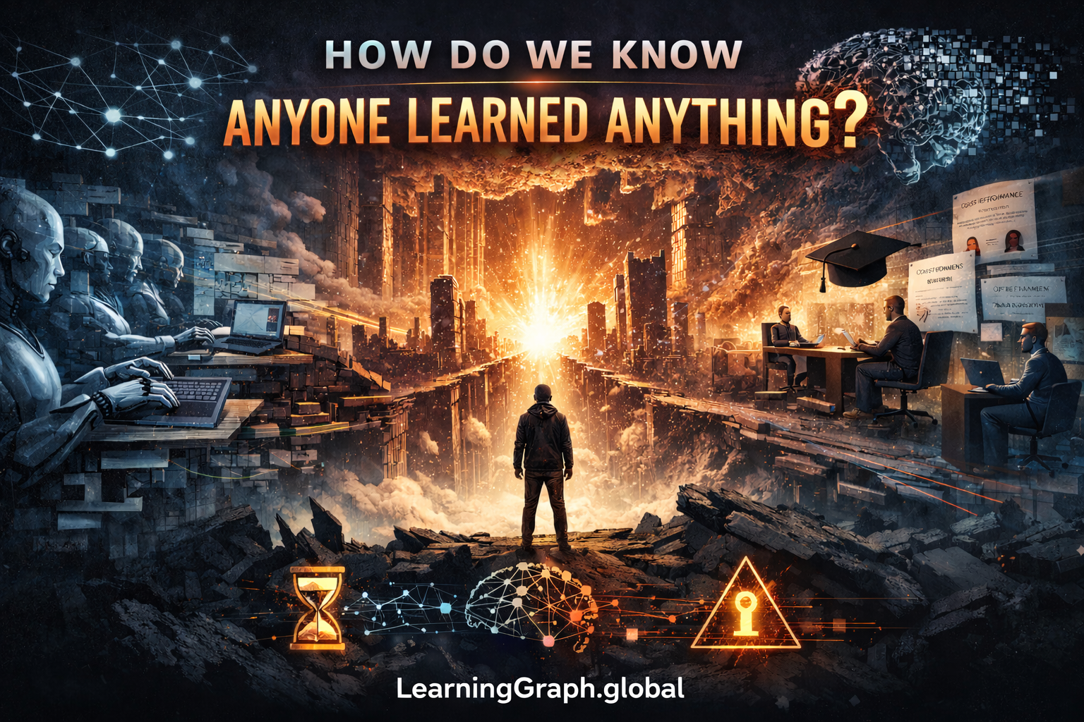 Civilizational collapse showing Generation Unknown facing epistemic crisis as AI synthesis makes all learning signals unverifiable with credentials floating in burning institutional infrastructure