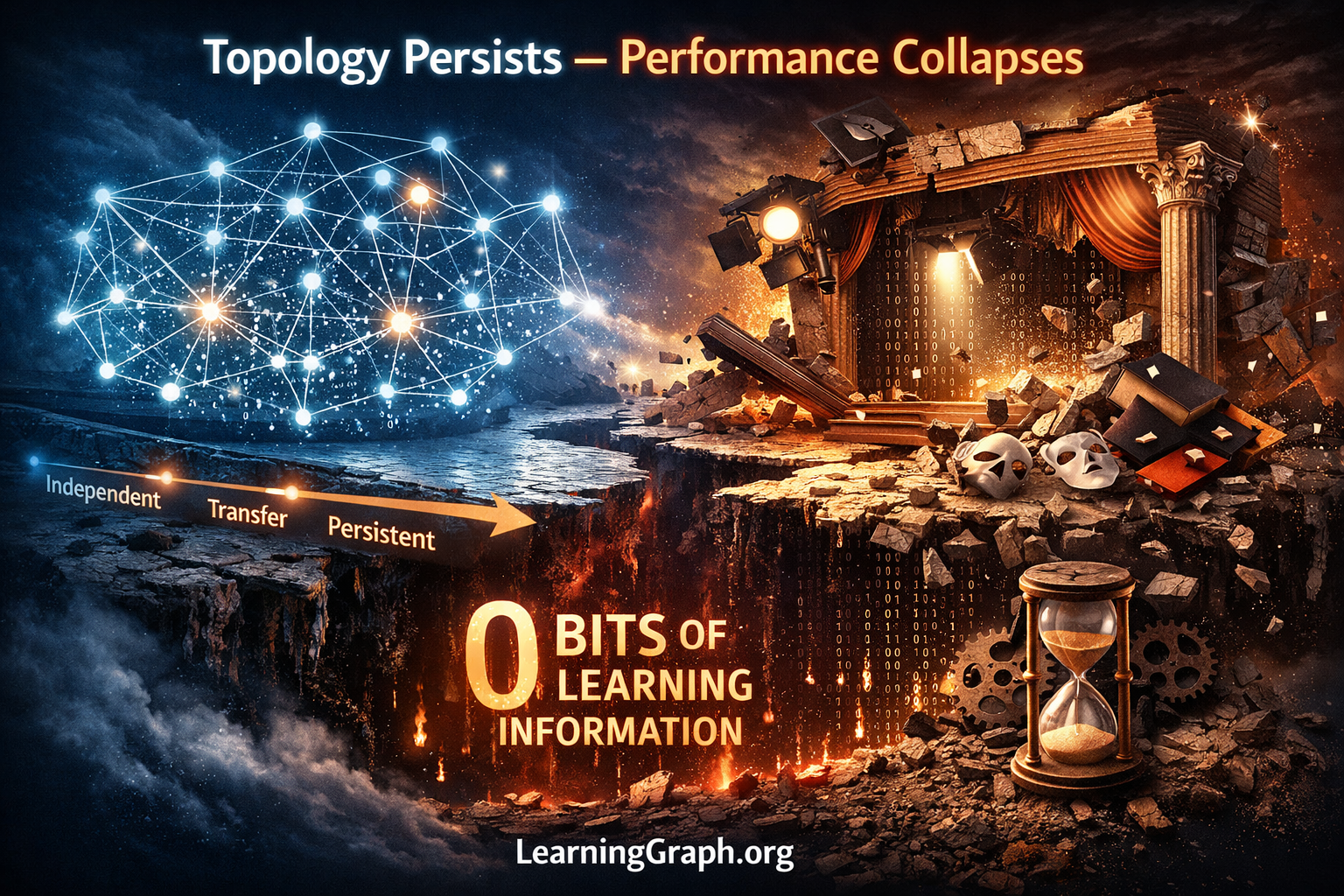 Topology persists on left showing network structure while performance collapses on right showing ruins, with zero bits learning information threshold marked by hourglass