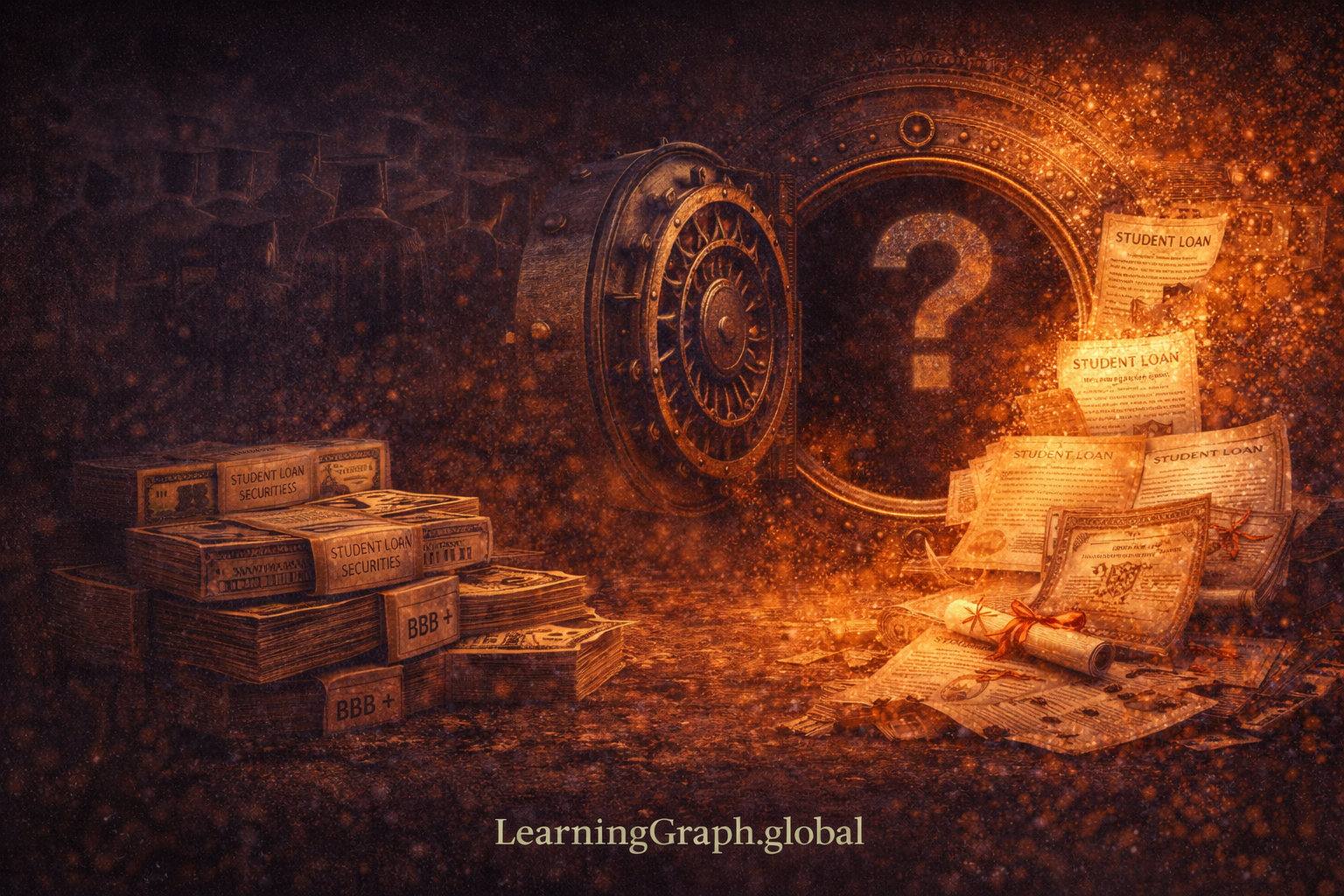 Visual representation of student debt crisis showing credentials and diplomas backing trillions in loans when verification apparatus collapsed making capability unmeasurable